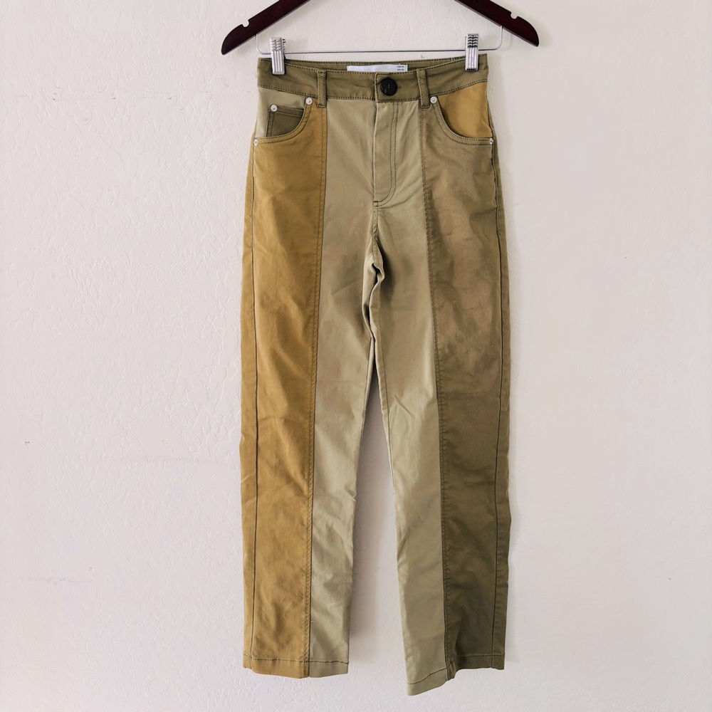 Bershka Women’s Green Olive and Tan Straight Leg Pants Size‎ 2 Patchwork Style